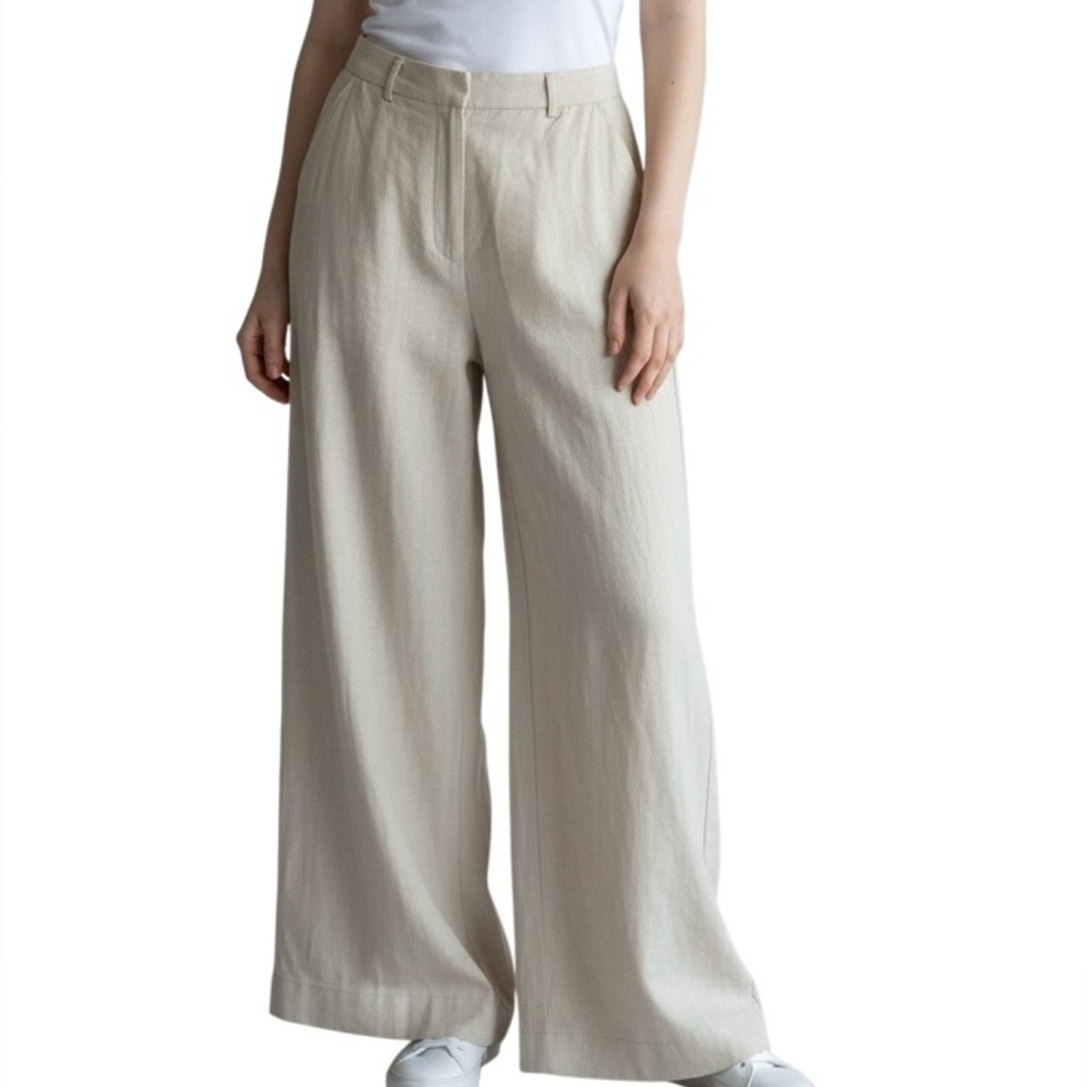 Max Studio Linen blend Wide leg Trousers Pant Beige Womens L High rise Flowy NWT